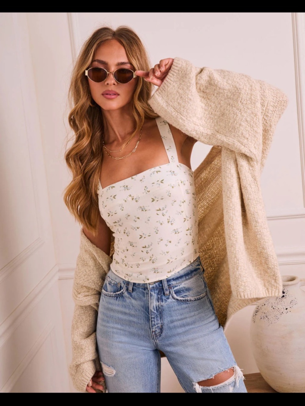 VICI Floral Square Neck Tank Top in Cream